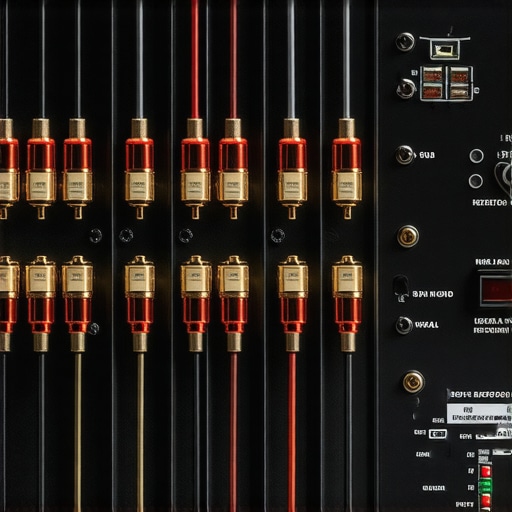 Close-up of balanced XLR and premium speaker wire connections on the back of a high-end amplifier.