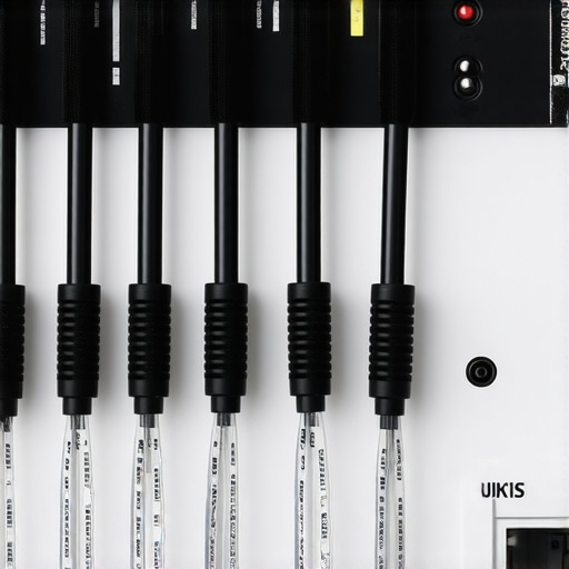 Close up of organized home theater cables with custom labels and velcro ties