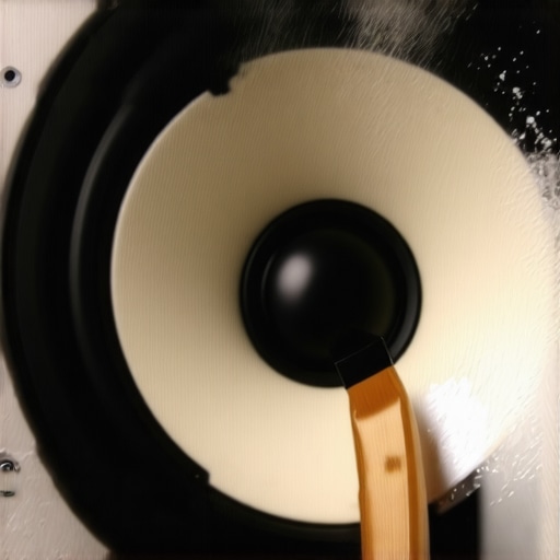 Macro view of cleaning a sticky speaker surround with a soft brush and powder.