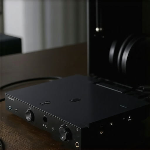 A high-end external DAC and headphone amplifier on a desk next to a laptop.