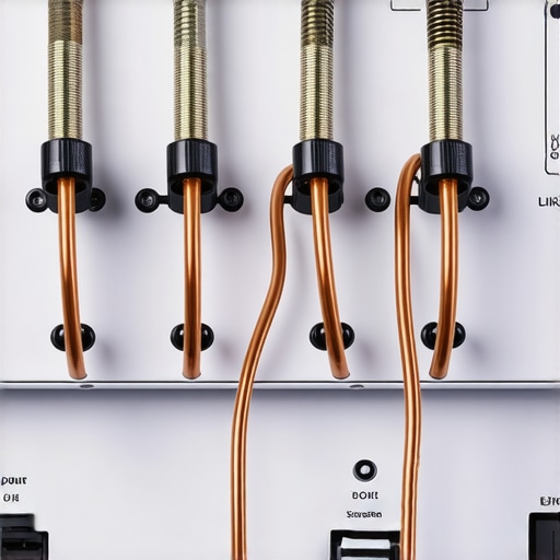Close-up of thick power cables and speaker wires connected to an audio amplifier back panel showing high-quality connections.