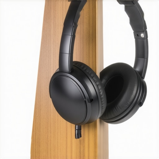 Headphones resting on a wooden stand to maintain shape and reduce clamping force