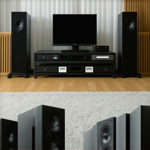 Proper Home Audio Room Treatment and Speaker Setup A living room optimized for audio with speakers, a rug, and acoustic treatments to prevent harsh sound.