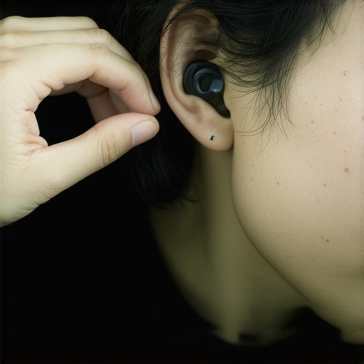 A person demonstrating the over-the-ear tug method for inserting in-ear monitors comfortably.