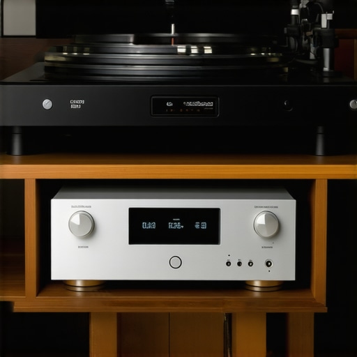 Hi-Fi audio rack showing physical separation between a phono stage and a power amplifier to prevent hum.