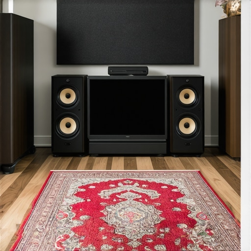 A home audio room with speakers on stands and a thick rug to improve acoustics.