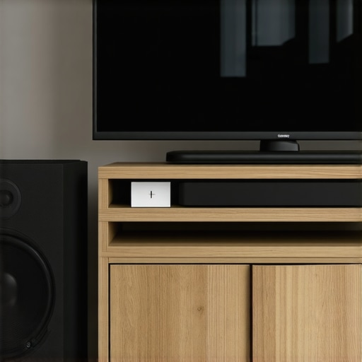 A wireless subwoofer positioned next to a TV stand with optimal spacing to prevent signal interference.