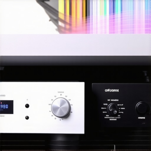 An active pre-amplifier separated from a power amplifier on a hi-fi audio rack to prevent electromagnetic interference.