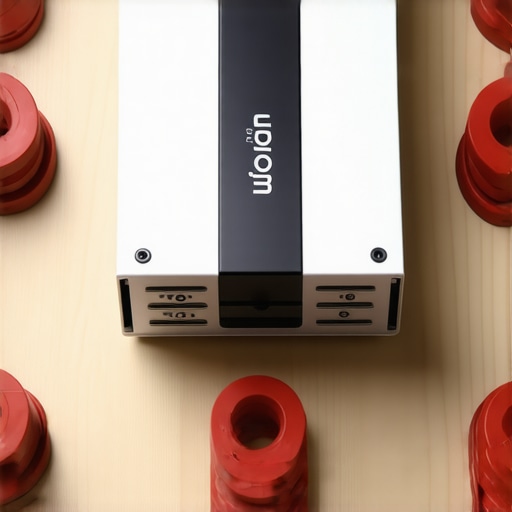 Close up of car amplifier mounted with rubber spacers to prevent overheating