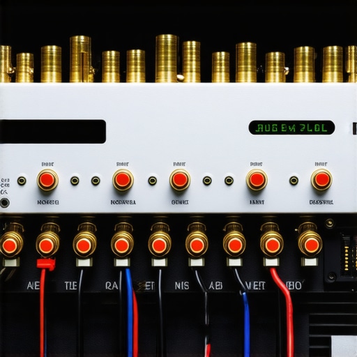 Detailed view of speaker wires and RCA cables connected to the back of a high-end home theater receiver.