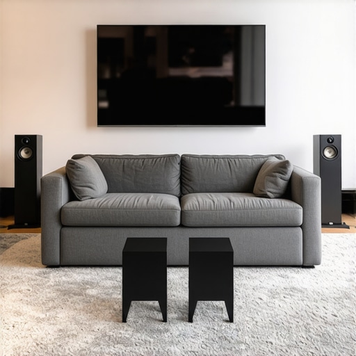 Rear speaker placement on stands in an open floor plan A well-organized home theater setup in an open-concept living room using speaker stands to create a 5.1 surround sound environment.