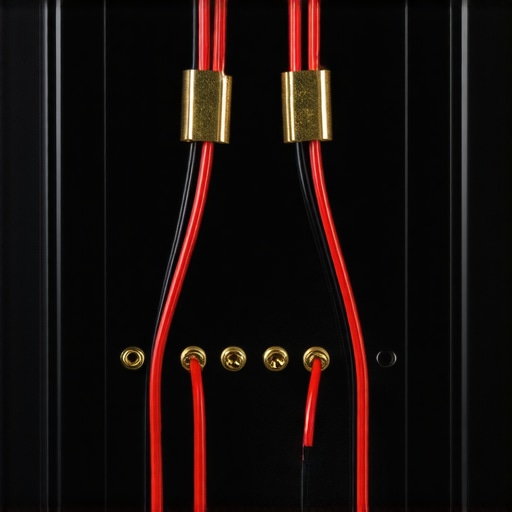 Close-up of speaker binding posts with metal jumper straps removed for bi-amp installation