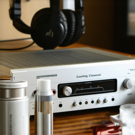 Close-up of audio equipment maintenance with contact cleaner and vintage amplifier
