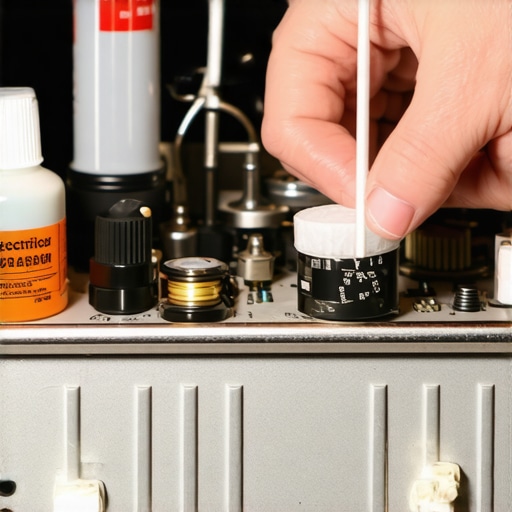 A close-up of a person using contact cleaner on the internal components of a vintage silver-face receiver.