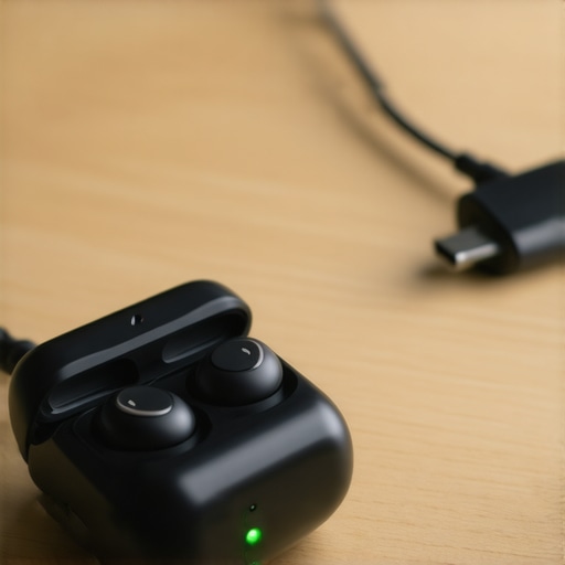 Safe Charging Setup for Wireless Earbuds A wireless earbud case charging safely on a desk to avoid battery degradation.