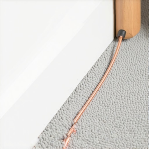 Safe Speaker Wire Tucking Technique A person using a plastic putty knife to safely tuck speaker wire under the edge of a carpet near a baseboard.