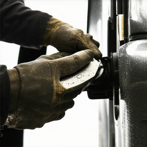 A technician cleaning paint off a car frame to create a clean electrical contact for an amplifier ground wire.
