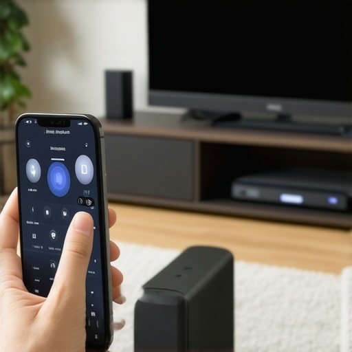 A smartphone screen displaying a Wi-Fi signal strength graph next to a wireless subwoofer