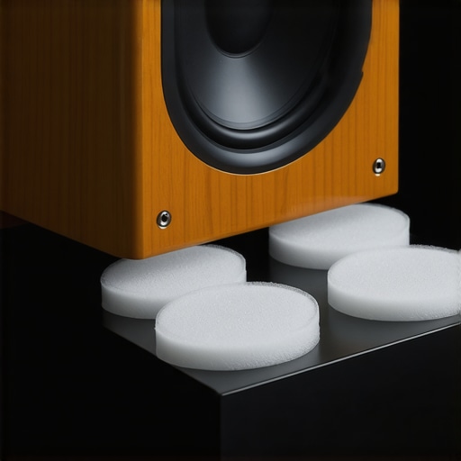 A close-up of a bookshelf speaker placed on a stand with low-profile isolation pads
