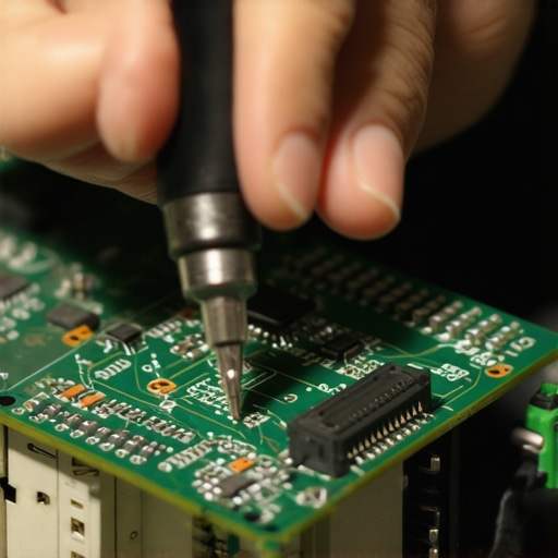 Soldering a loose charging port on a circuit board Macro view of soldering iron repairing a micro-USB charging port on a Bluetooth speaker circuit board
