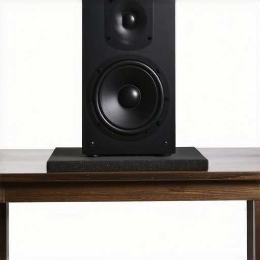 A studio speaker sitting on a high-density foam isolation pad to prevent desk vibration.