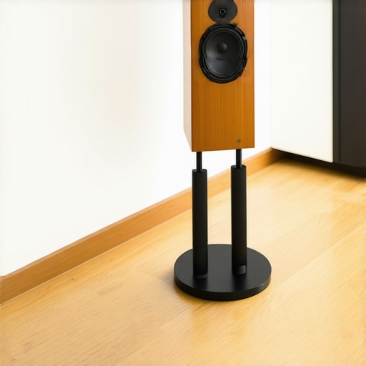 A high-end speaker using an isolation puck for decoupling on a hardwood floor.