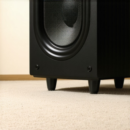 Speaker Spike Mechanical Grounding on Carpet Close-up of a high-end speaker spike anchoring a floorstanding speaker cabinet through carpet.
