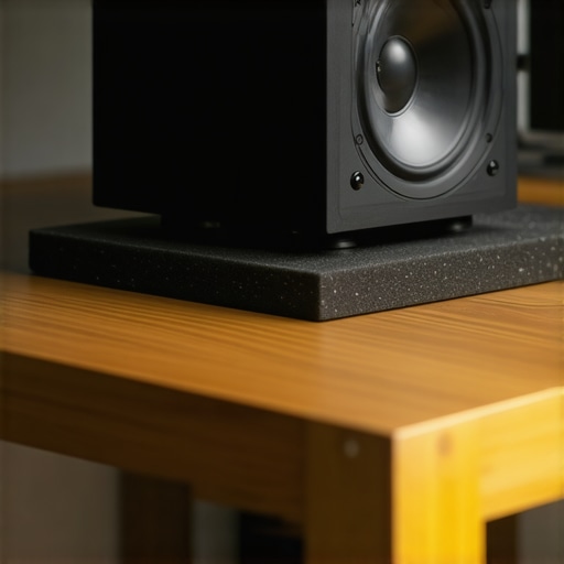A budget bookshelf speaker resting on black foam isolation pads on a wooden desk to reduce vibration.