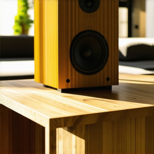 A bookshelf speaker placed on a heavy wooden table to enhance bass through mechanical coupling.