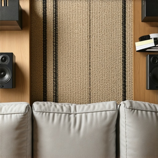 A top-down view of a rug placed in front of speakers to manage sound reflections.