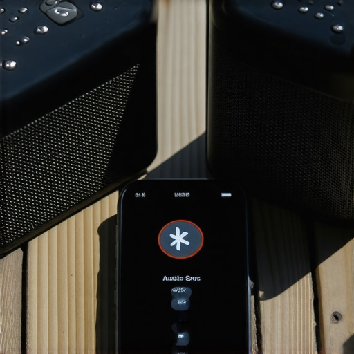 Two different brand Bluetooth speakers being synced by a smartphone app on a wooden table.
