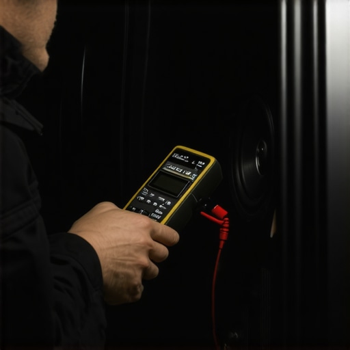 A professional audio technician measuring speaker impedance and checking for electrical issues in a car door.