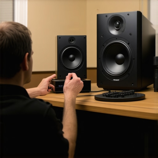 Close up of speaker driver testing showing the mechanical parts being analyzed for break-in changes.