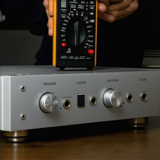A digital multimeter being used to check the output of a high-end audio amplifier.