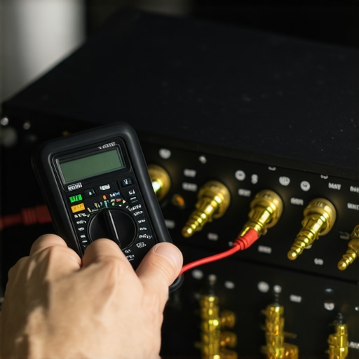 Testing Amplifier Terminals with a Multimeter Close up of a multimeter testing an audio amplifier connection