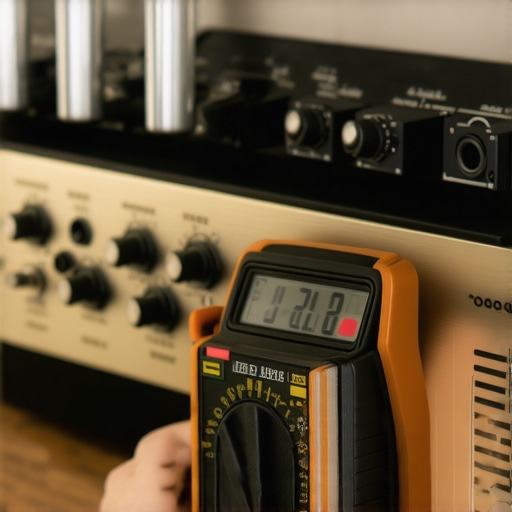 A technician using a multimeter to check the health of a home audio amplifier