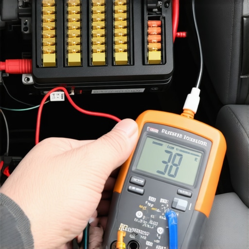 Technician checking car amplifier terminals with a digital multimeter for maintenance.