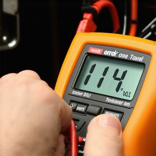 A technician using a digital multimeter to measure voltage on a car audio amplifier to ensure power stability.
