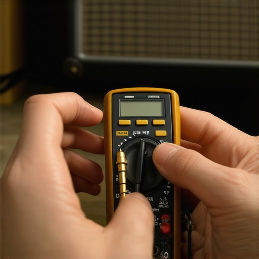 Close-up of a person using a multimeter to check the resistance and continuity of a high-quality speaker cable.
