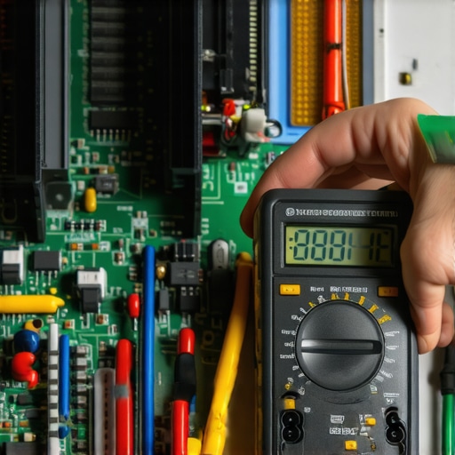 Close-up of a multimeter testing an audio amplifier circuit board