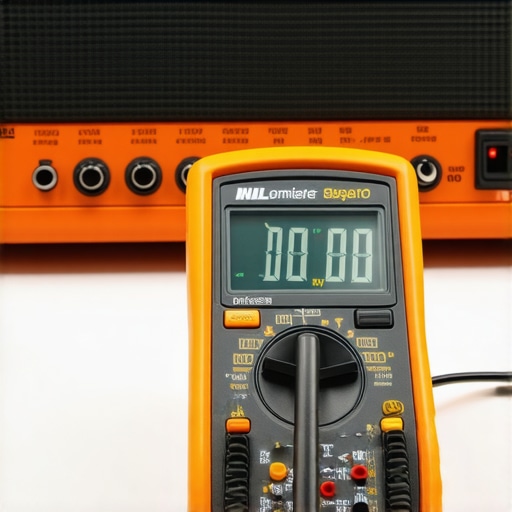 A digital multimeter being used to test speaker wires for shorts or resistance issues.