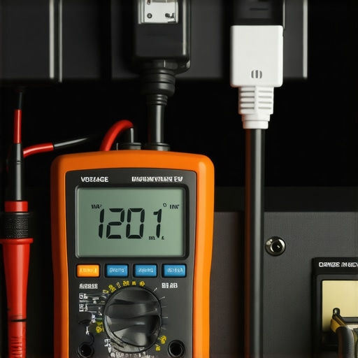 Testing Audio System Voltage with Multimeter Close-up of a digital multimeter measuring the voltage of a home audio power supply.