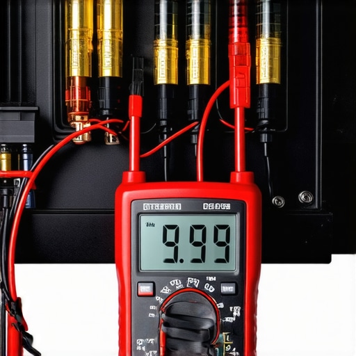Professional multimeter measuring car amplifier power terminal