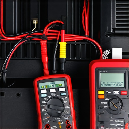 A digital multimeter being used to check for electrical shorts in car audio power and speaker wires to prevent overheating.