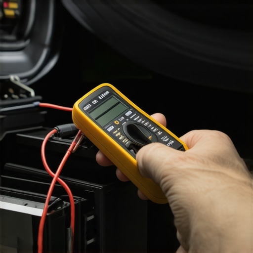 Close-up of testing car amplifier power terminals using a digital multimeter for maintenance.