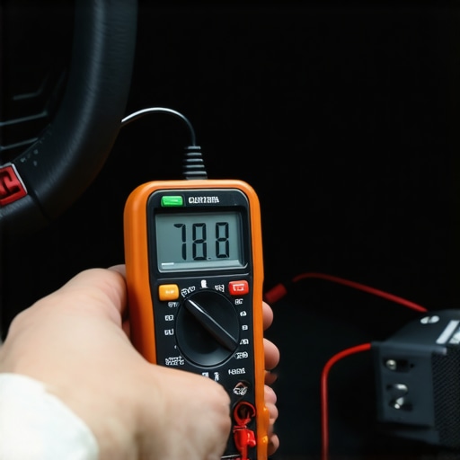 Testing Car Voltage for Bluetooth Stability A person using a multimeter to check the electrical stability of a car's power socket to prevent Bluetooth stuttering.