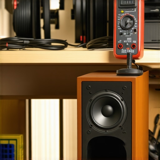 Testing Speaker Connections for Peak Performance Technician using a multimeter on a bookshelf speaker to find electrical shorts.