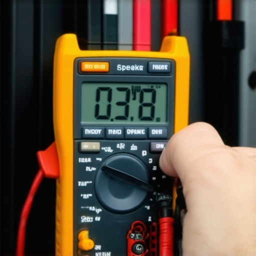 A technician using a multimeter to check the resistance of a car speaker terminal.