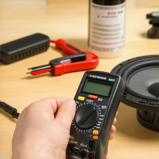 A digital multimeter being used to check speaker driver resistance on a workbench.