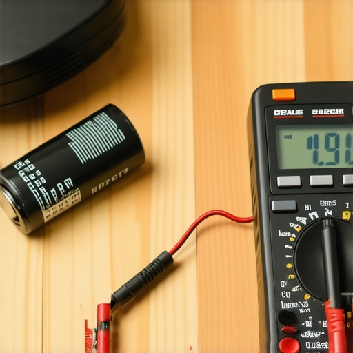 A person measuring speaker impedance using a multimeter on a workbench